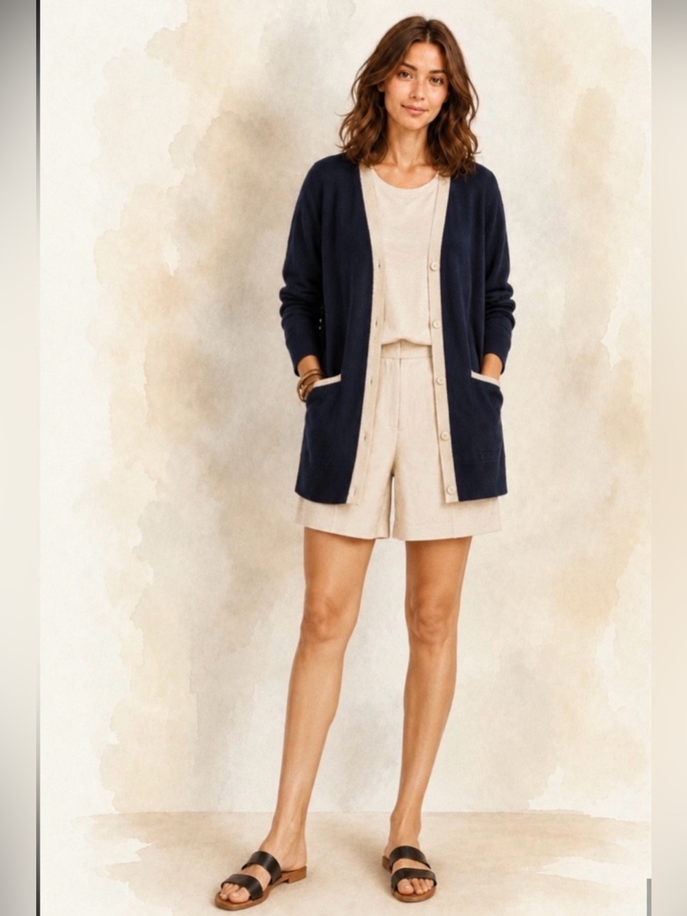 Escada Navy Silk Blend Cardigan with Cream Trim Accents